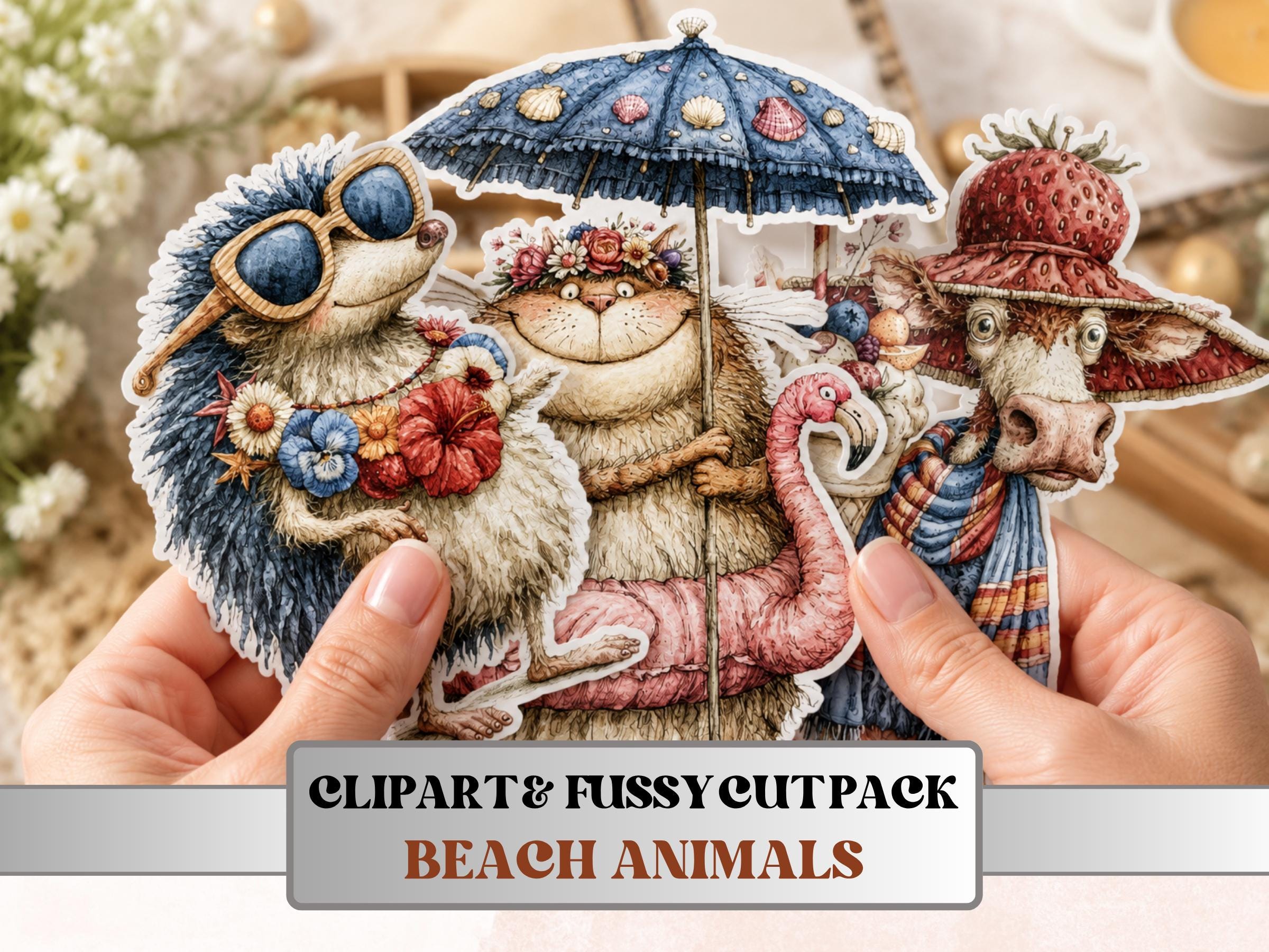 Beach Animals Fussy Cuts & Clipart, Whimsical Beach Animal Cut Outs, Summer Ephemera, Junk Journal Scrapbook Kit, Quirky Paper Craft