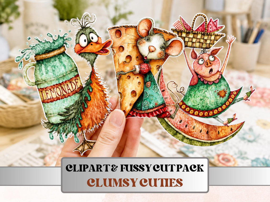 Clumsy Cuties Fussy Cuts & Clipart, Printable Quirky Cut Outs, Funny Ephemera, Junk Journal Scrapbook Kit, Whimsical Paper Craft