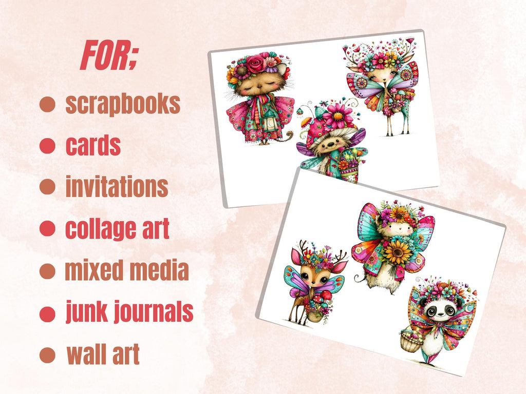Fairy Animals Fussy Cuts & Clipart, Whimsical Fantasy Animal Cut Outs, Fairy Ephemera, Quirky Journal Scrapbook Kit, Magical Paper Craft