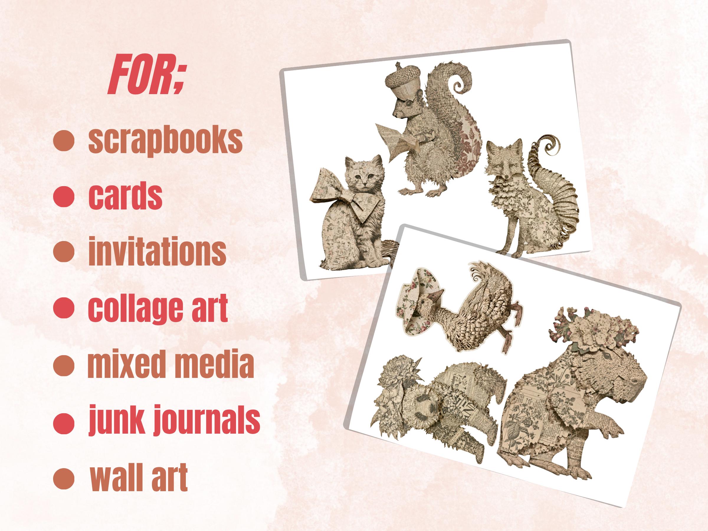 Paper Animals Fussy Cuts & Clipart, Printable Quirky Cut Outs, Animal Ephemera, Junk Journal Scrapbook Kit, Whimsical Paper Craft
