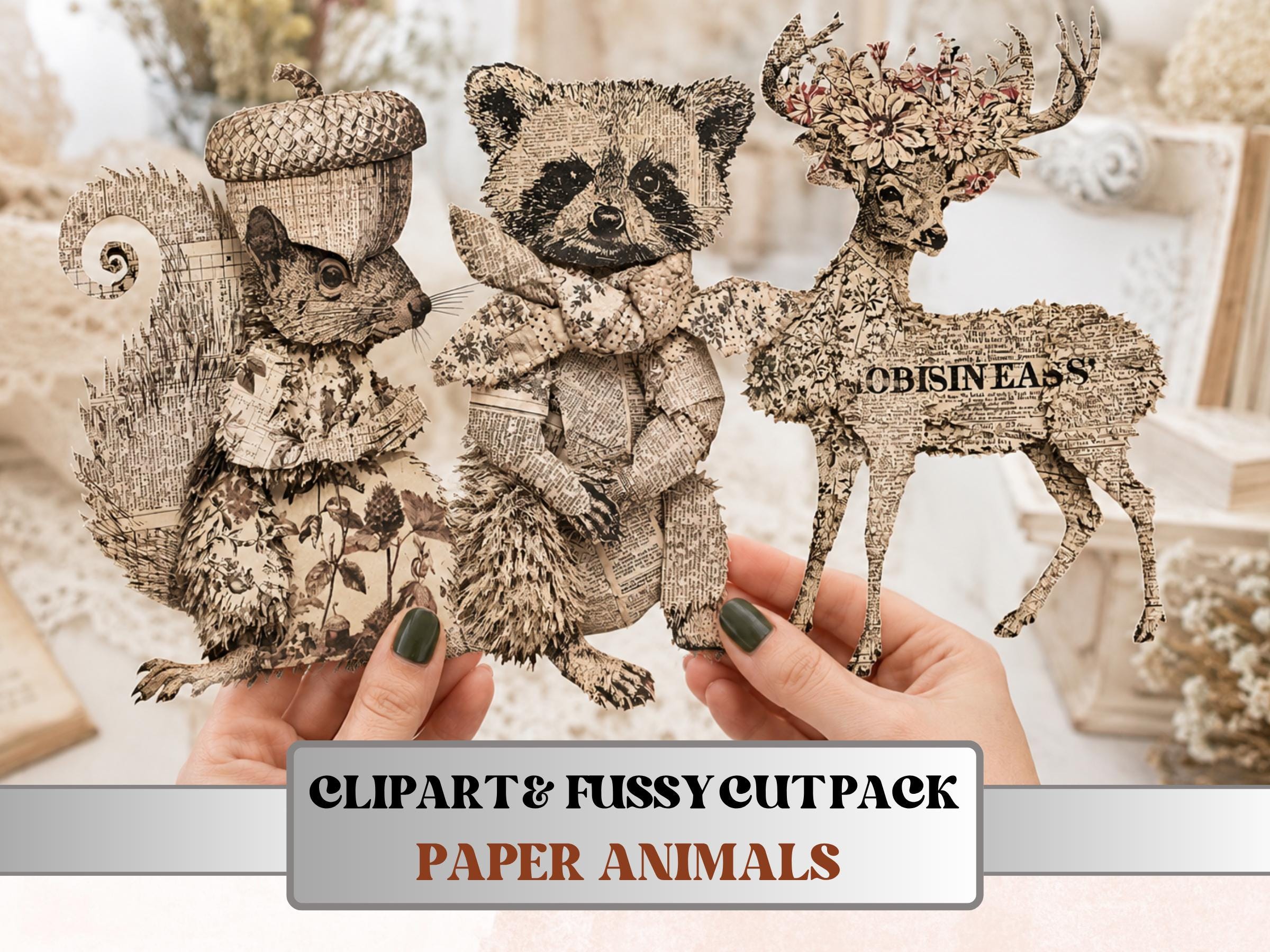 Paper Animals Fussy Cuts & Clipart, Printable Quirky Cut Outs, Animal Ephemera, Junk Journal Scrapbook Kit, Whimsical Paper Craft