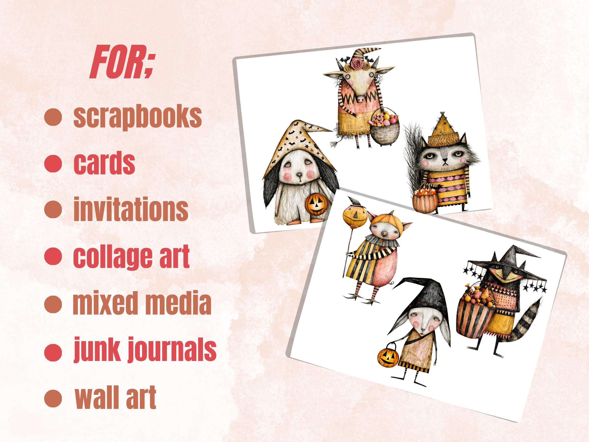 Spooky Animals Fussy Cuts & Clipart, Printable Halloween Animal Cut Outs, Quirky Gothic Ephemera, Junk Journal Scrapbook Kit