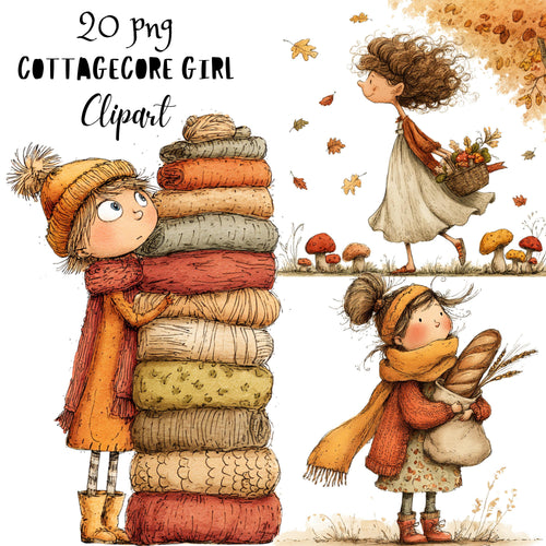 Cottagecore Fall Girl Whimsical Clipart Bundle