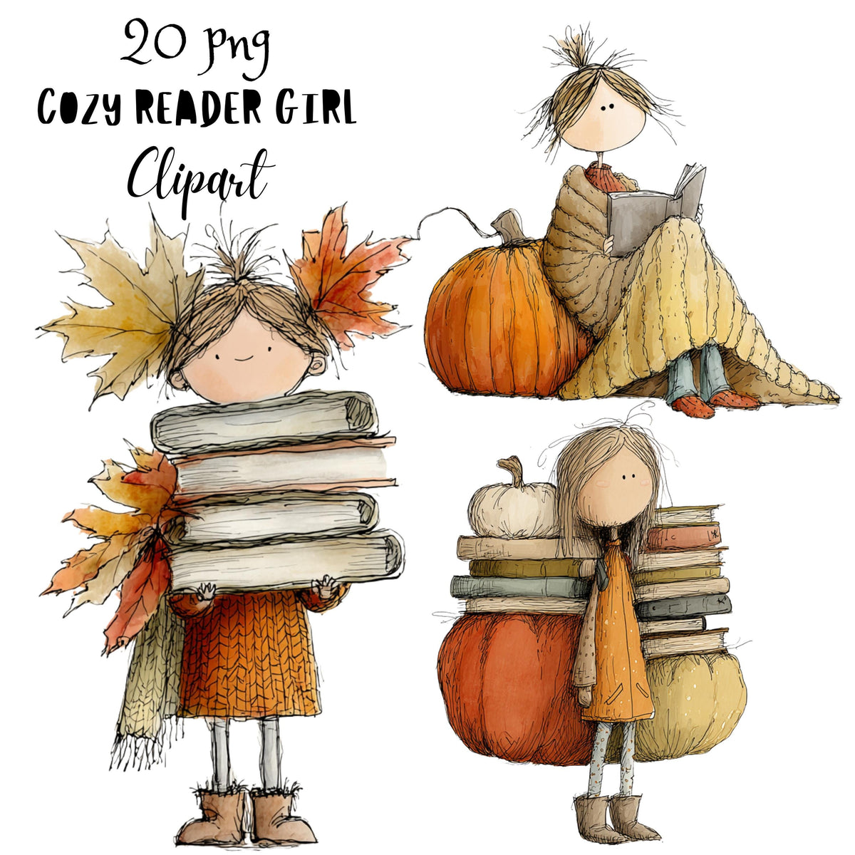 Cozy Reader Fall Girl Whimsical Clipart Bundle