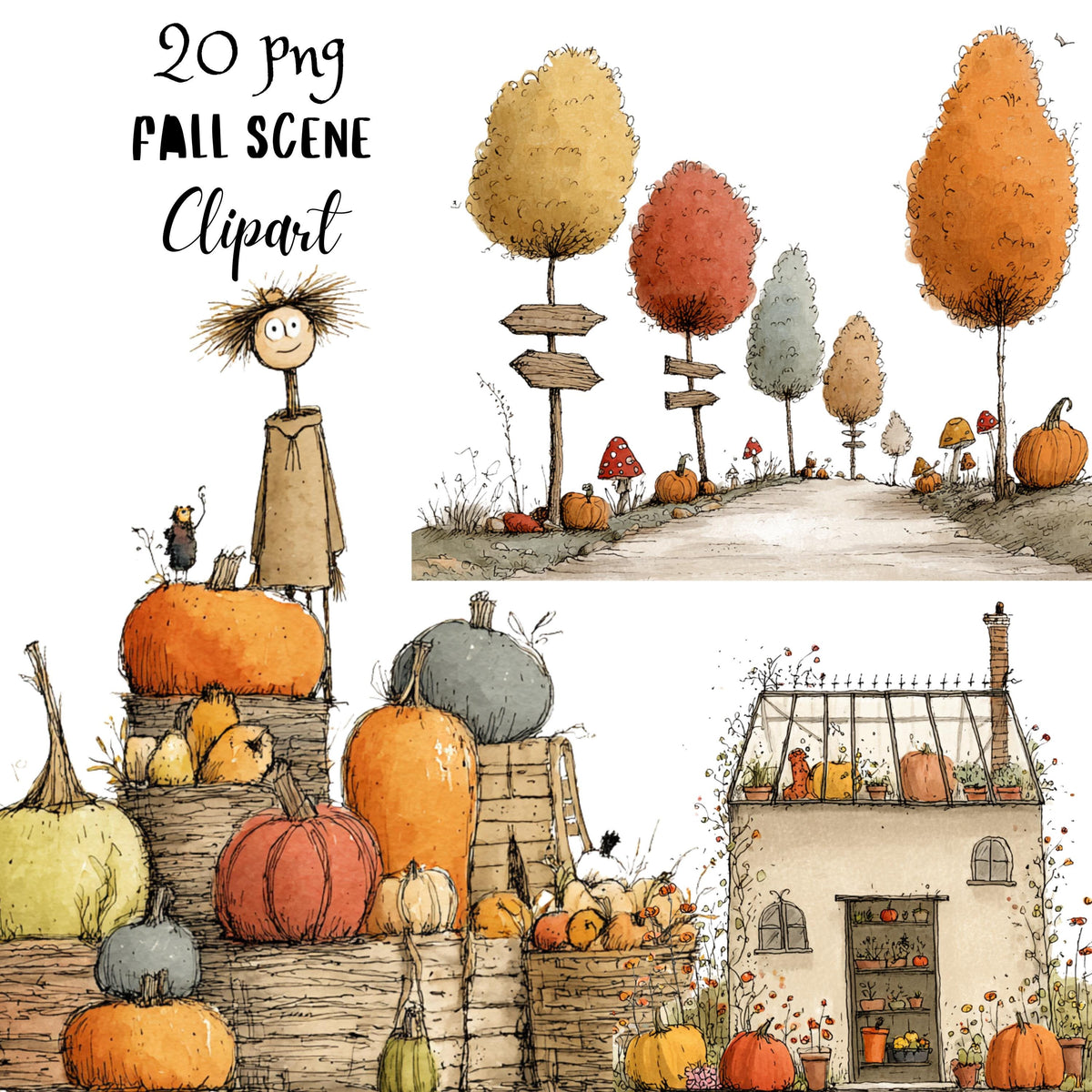 Fall Scenes Whimsical Clipart Bundle