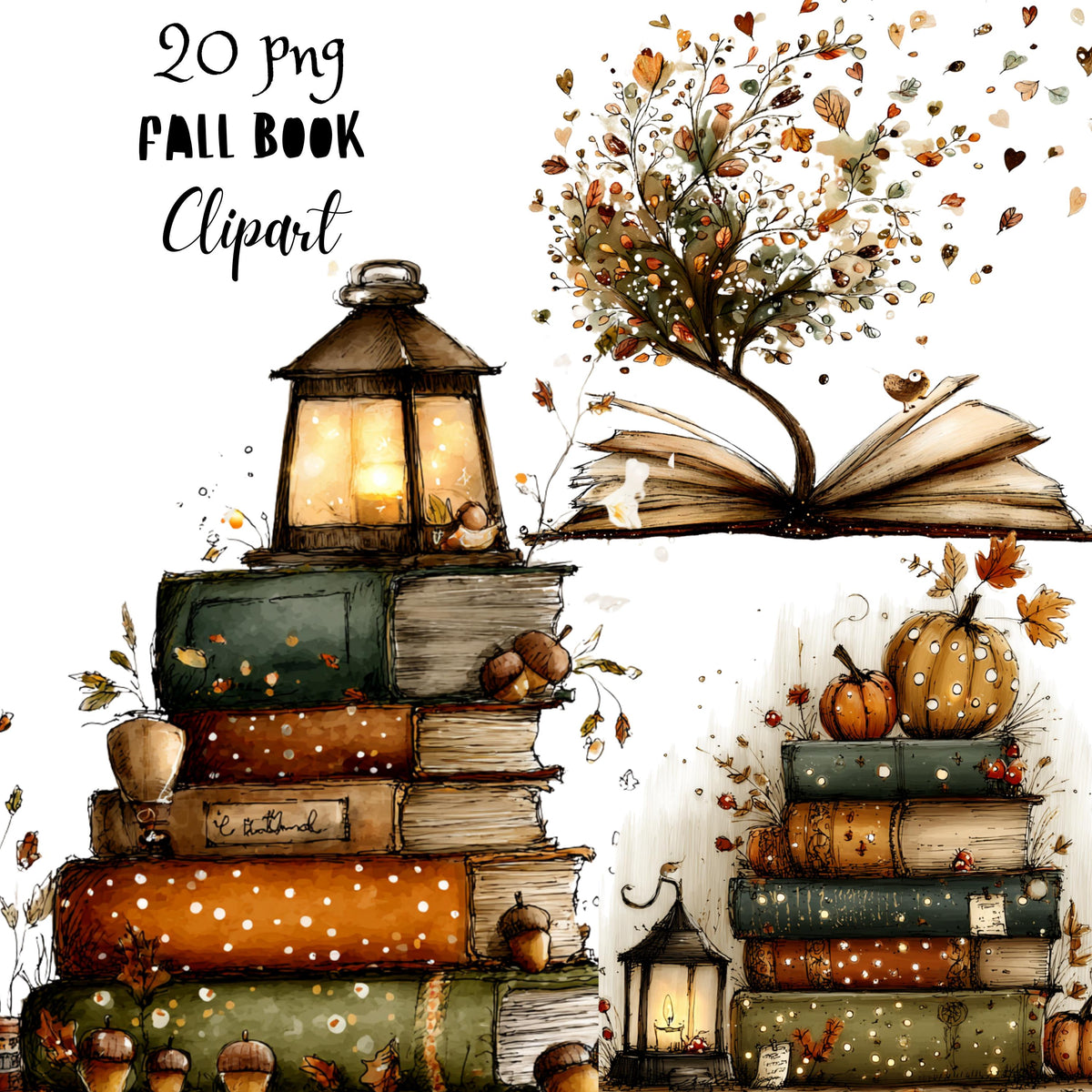 Fall Books Whimsical Clipart Bundle