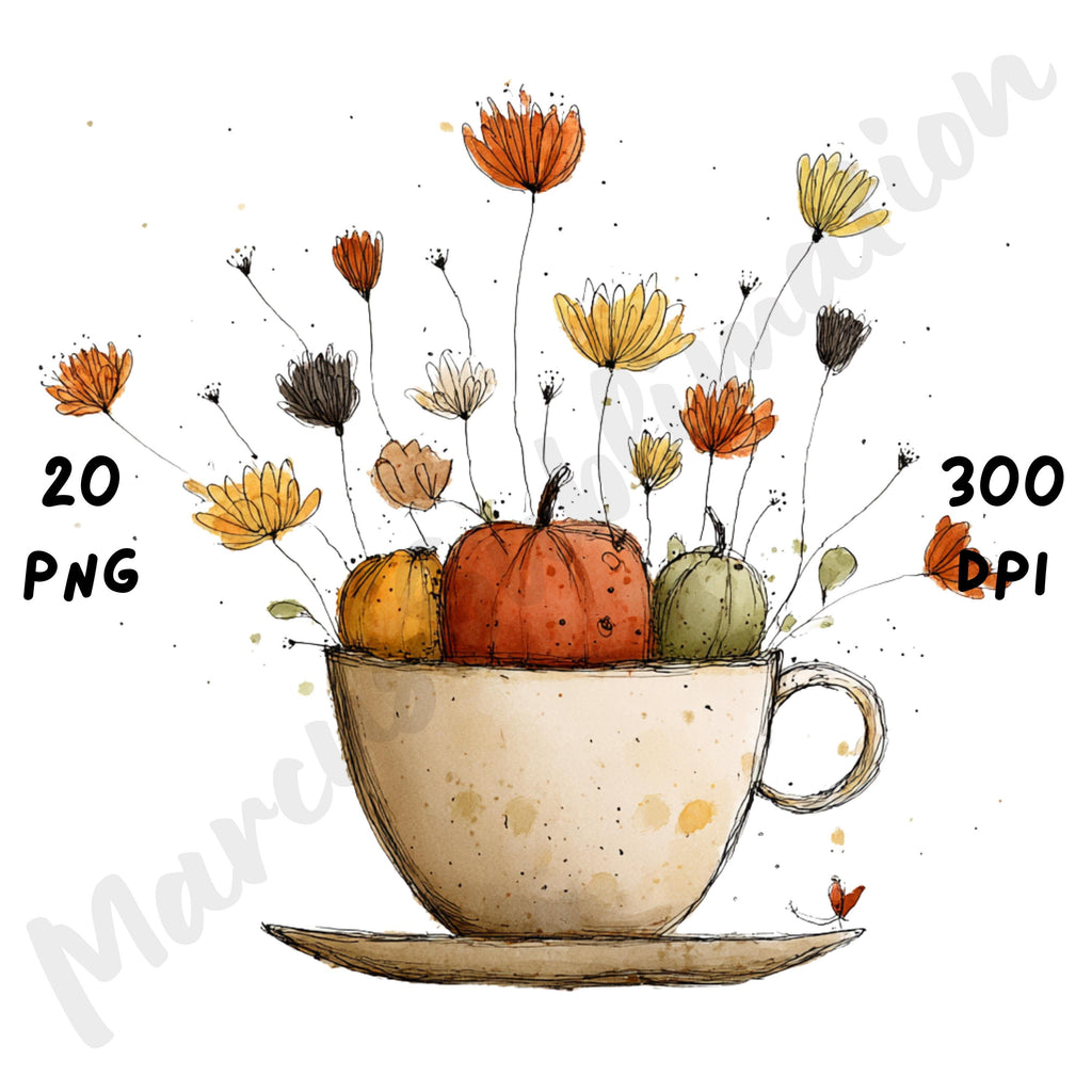 Fall Teacups Whimsical Clipart Bundle