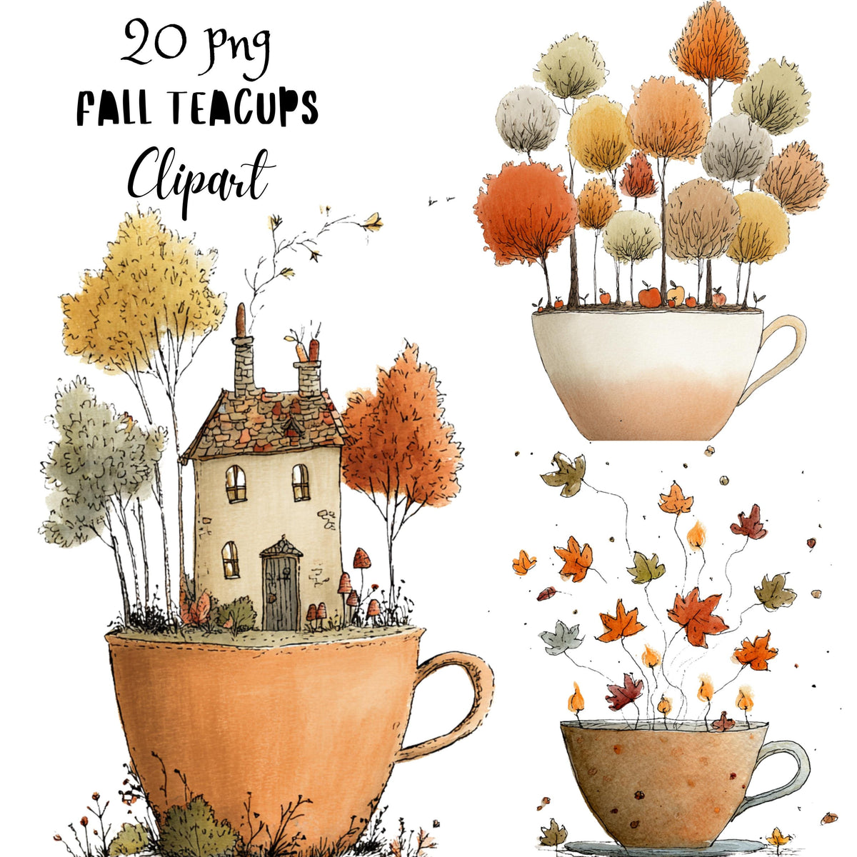 Fall Teacups Whimsical Clipart Bundle
