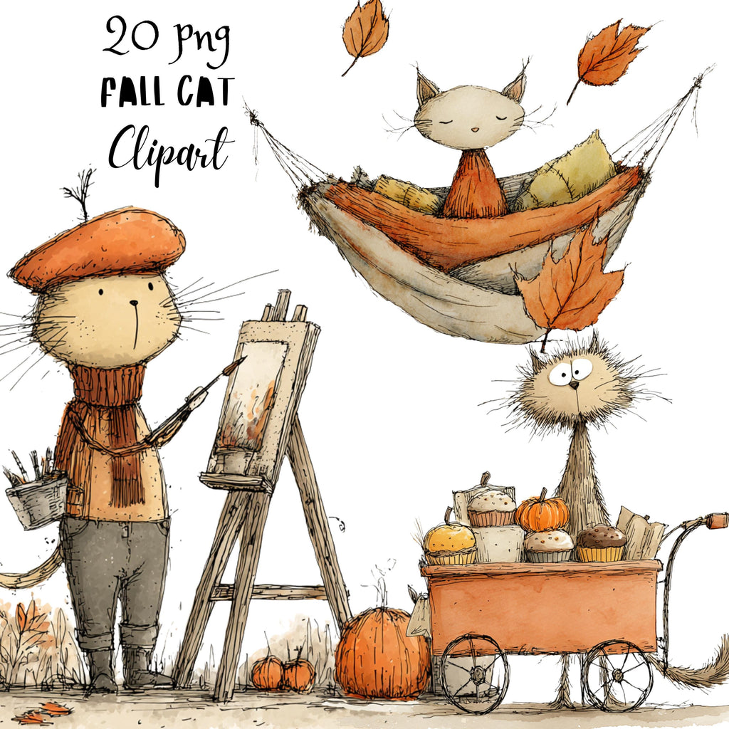 Fall Cat Whimsical Clipart Bundle