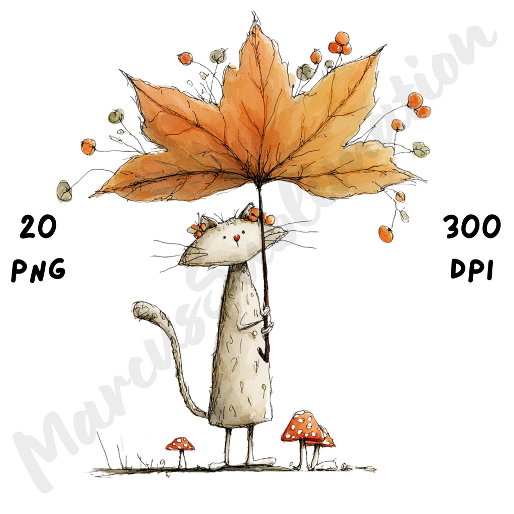 Fall Cat Whimsical Clipart Bundle