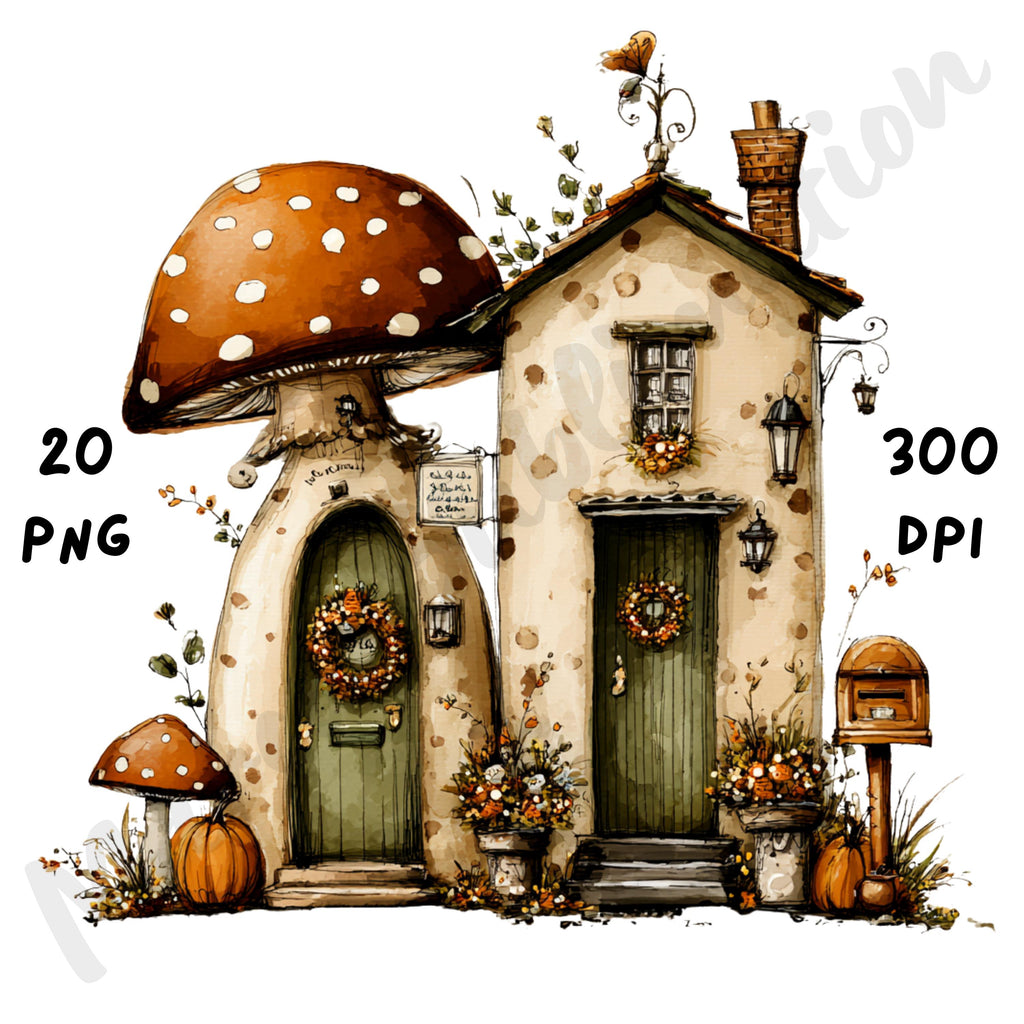 Fall Mushrooms Whimsical Clipart Bundle