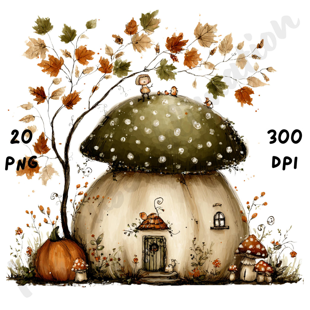 Fall Mushrooms Whimsical Clipart Bundle