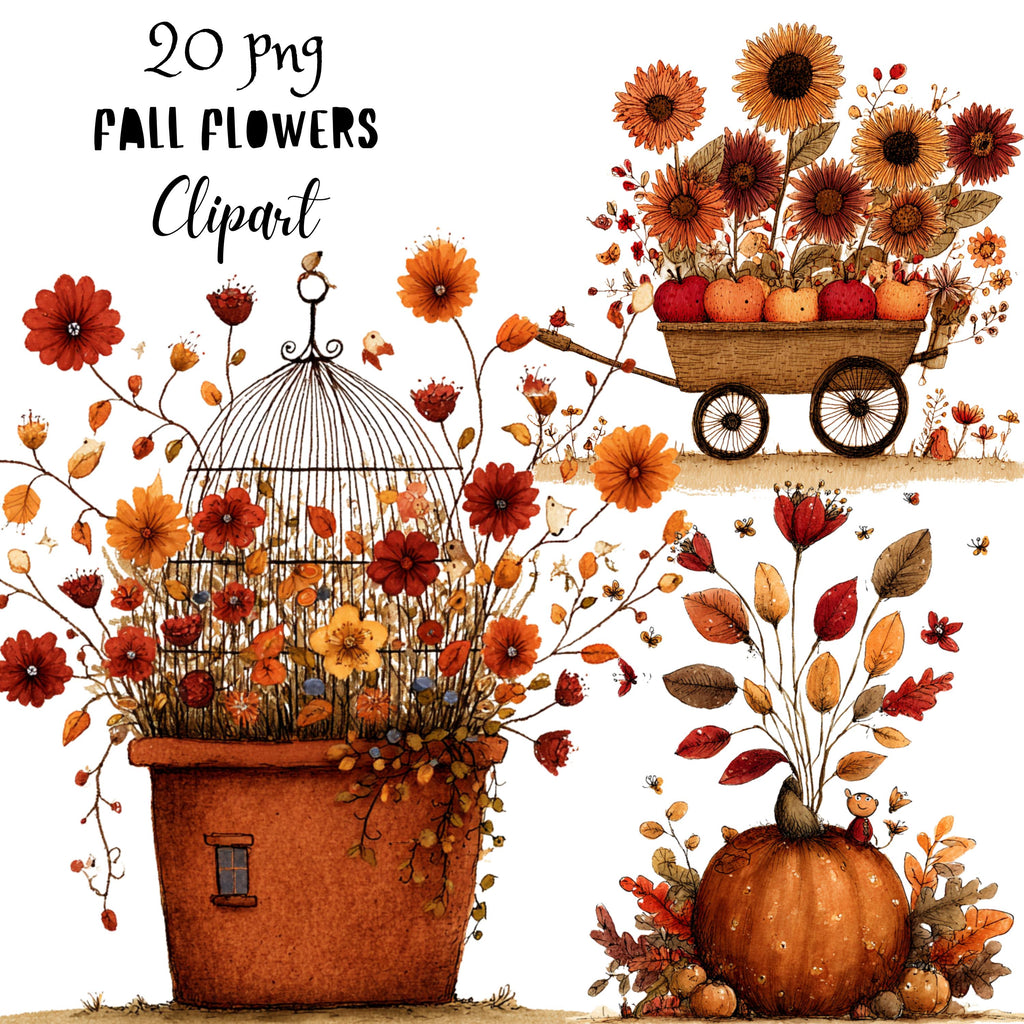 Fall Flowers Whimsical Clipart Bundle