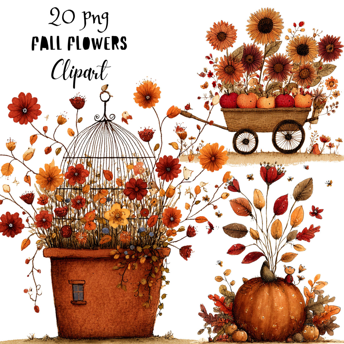 Fall Flowers Whimsical Clipart Bundle