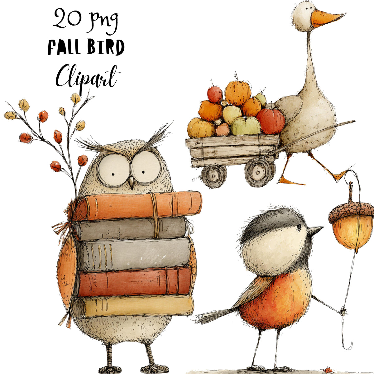 Fall Birds Whimsical Clipart Bundle