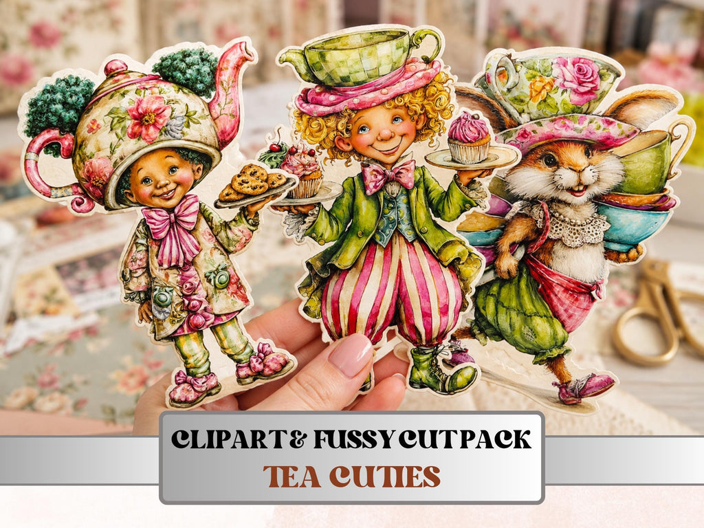 Tea Cuties Fussy Cuts & Clipart, Whimsical Tea Time Cut Outs, Quirky Ephemera, Junk Journal Scrapbook Kit, Cozy Paper Craft