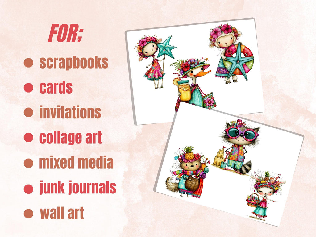 Beach Cuties Fussy Cuts & Clipart, Whimsical Beach Cut Outs, Summer Ephemera, Junk Journal Scrapbook Kit, Quirky Paper Craft