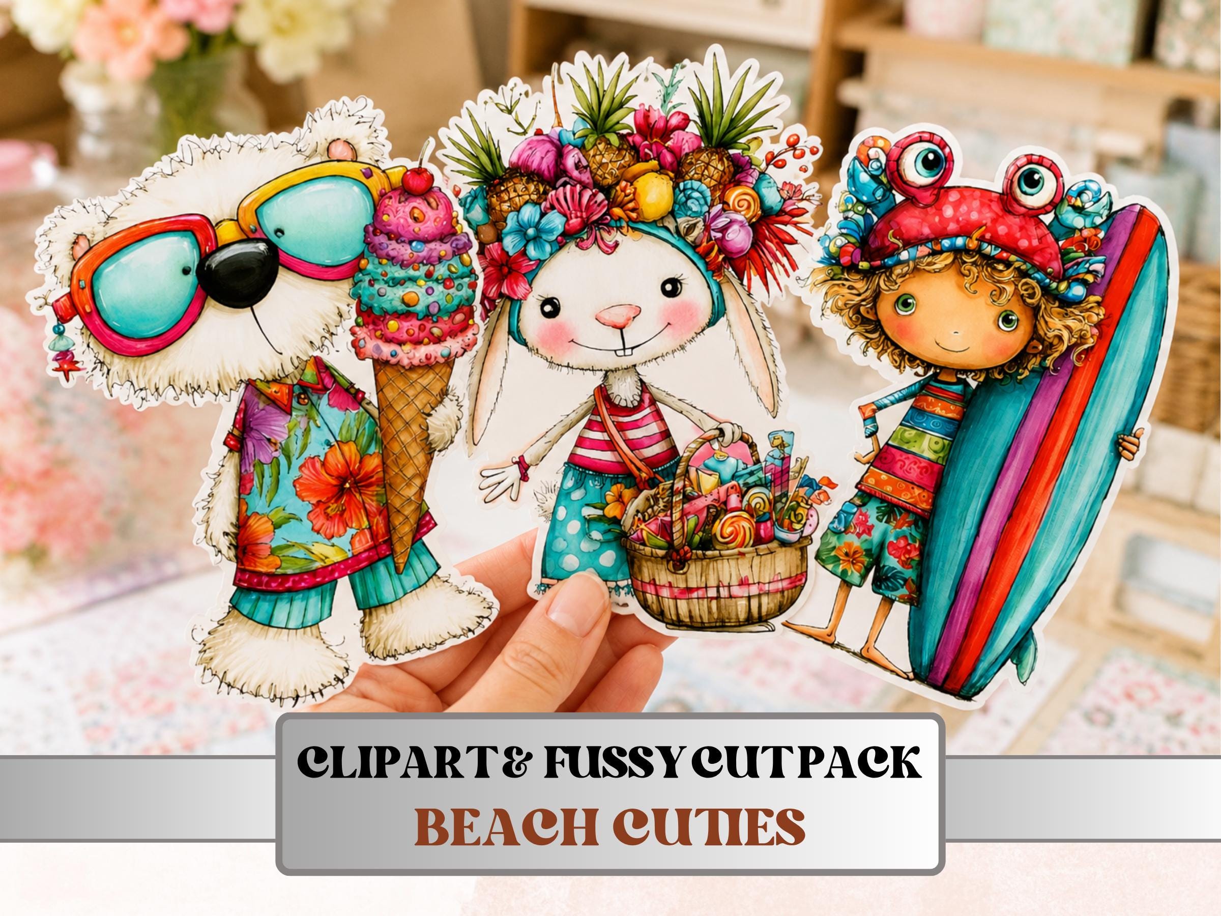 Beach Cuties Fussy Cuts & Clipart, Whimsical Beach Cut Outs, Summer Ephemera, Junk Journal Scrapbook Kit, Quirky Paper Craft