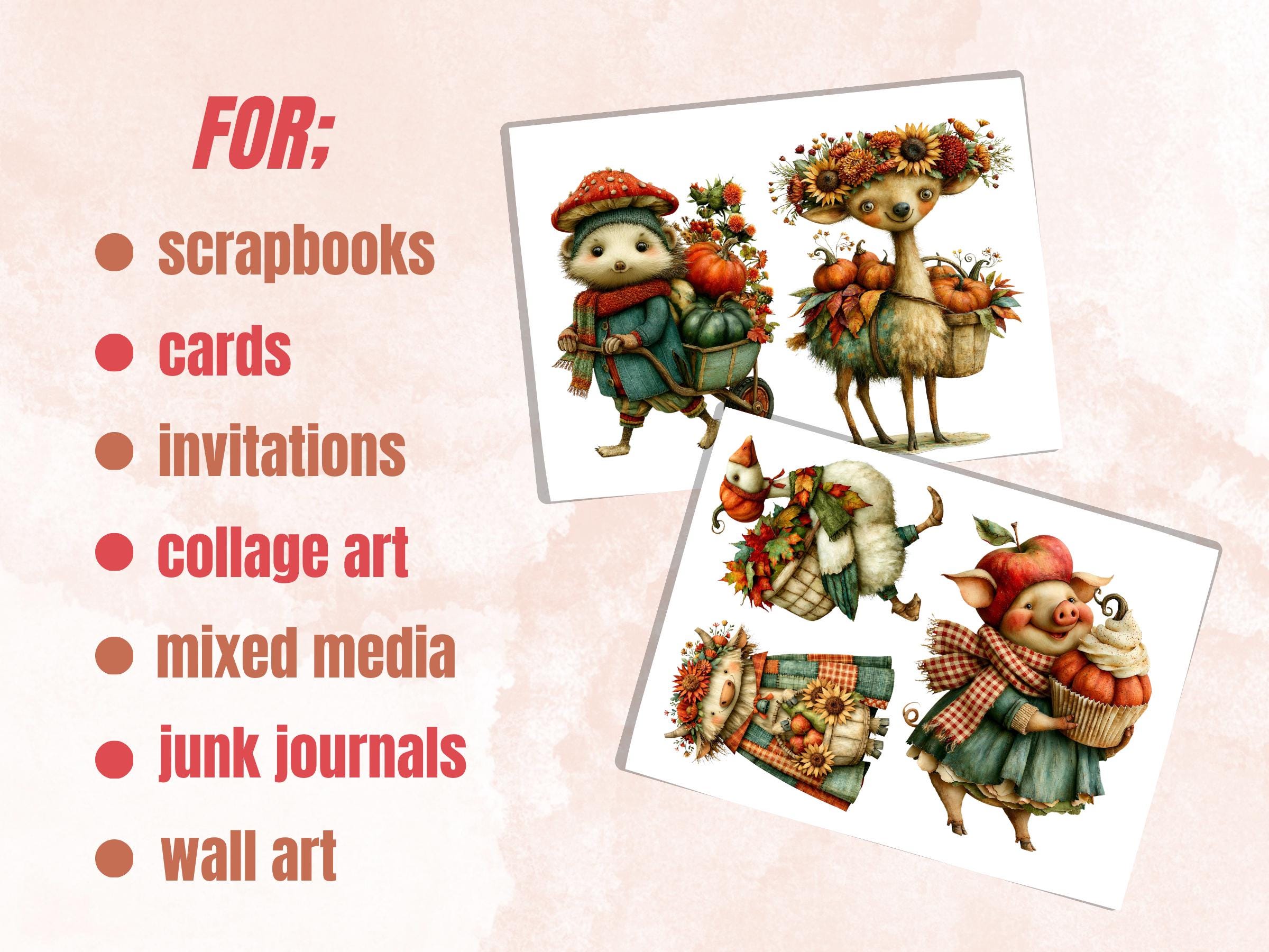 Fall Animals Fussy Cuts & Clipart, Printable Autumn Animal Cut Outs, Fall Ephemera, Quirky Junk Journal Scrapbook Kit, Cozy Paper Craft