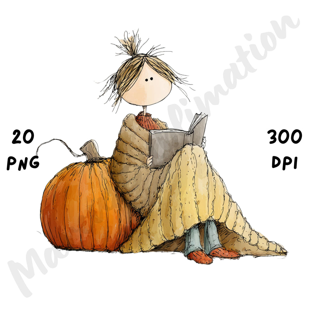 Cozy Reader Fall Girl Whimsical Clipart Bundle