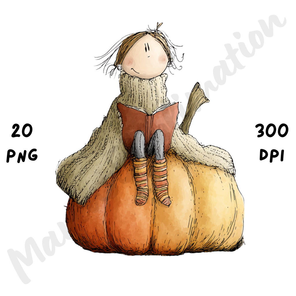 Cozy Reader Fall Girl Whimsical Clipart Bundle