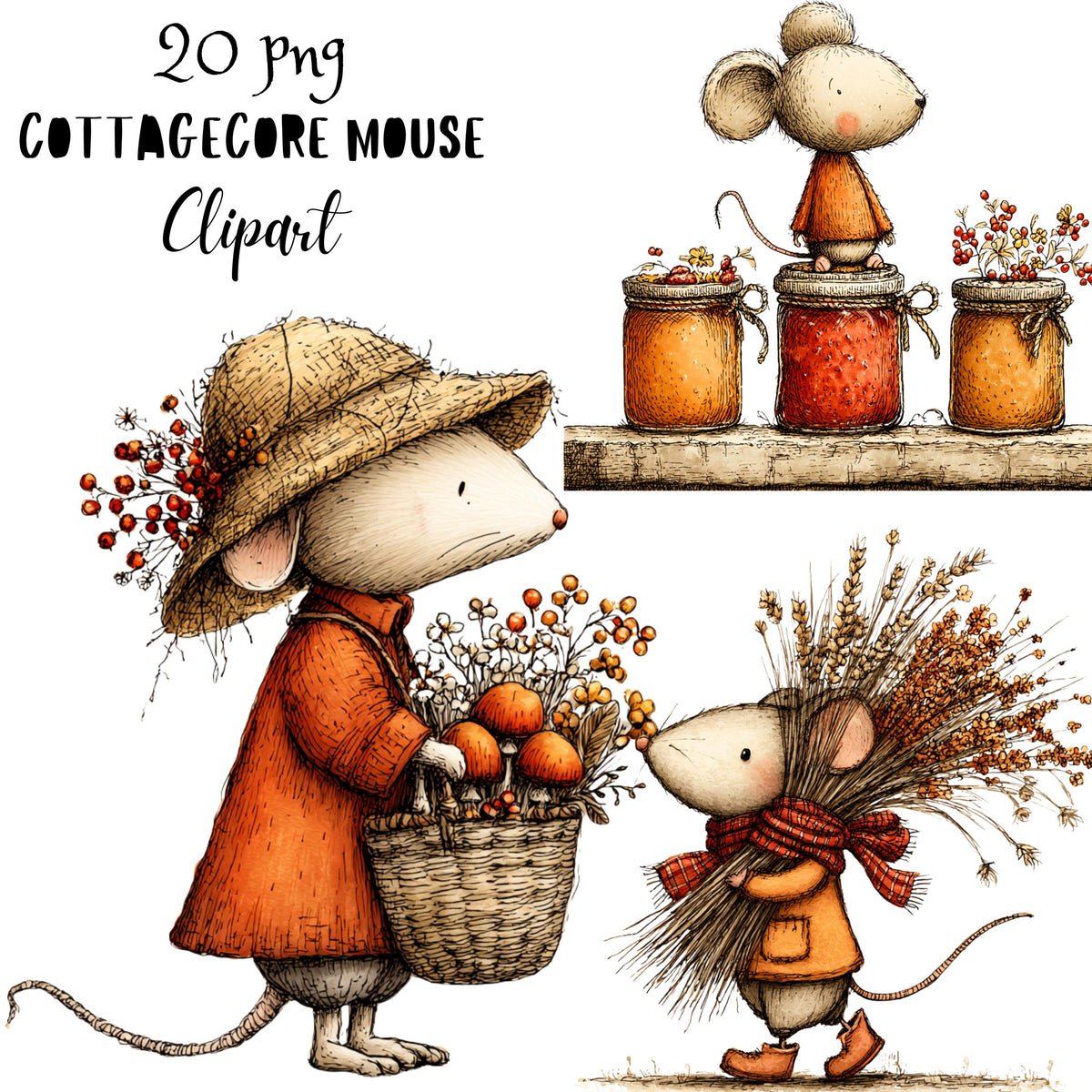 Whimsical Fall Cottagecore Farm Mouse Clipart
