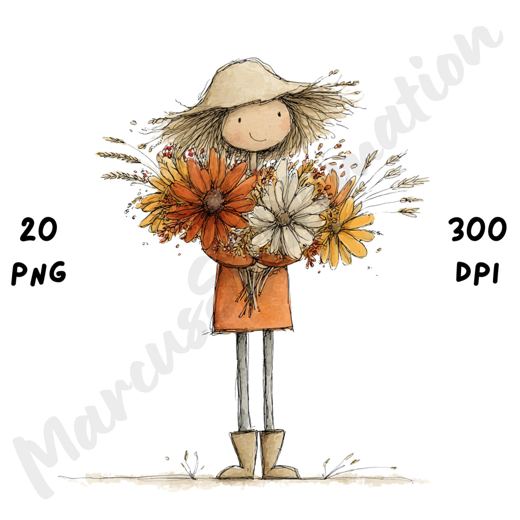 Whimsical Fall Farm Girl Clipart