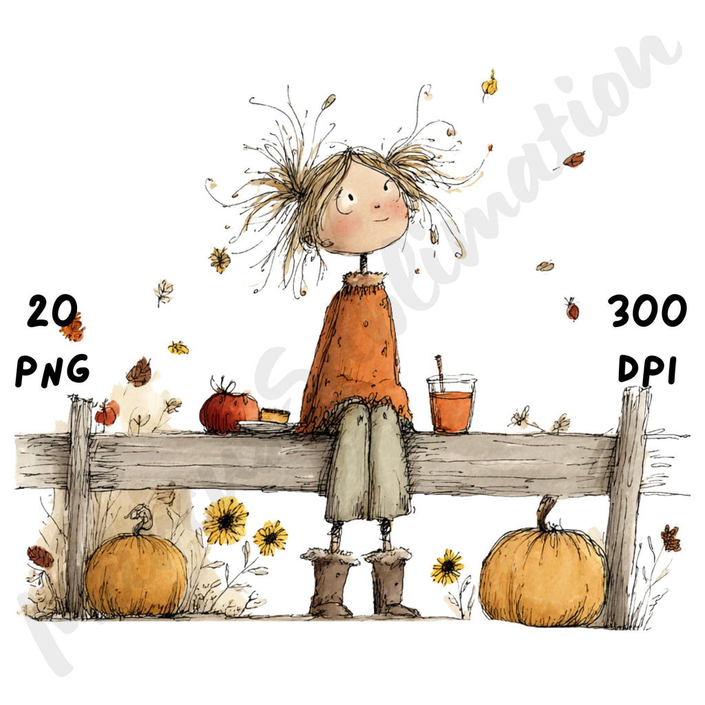 Whimsical Fall Farm Girl Clipart