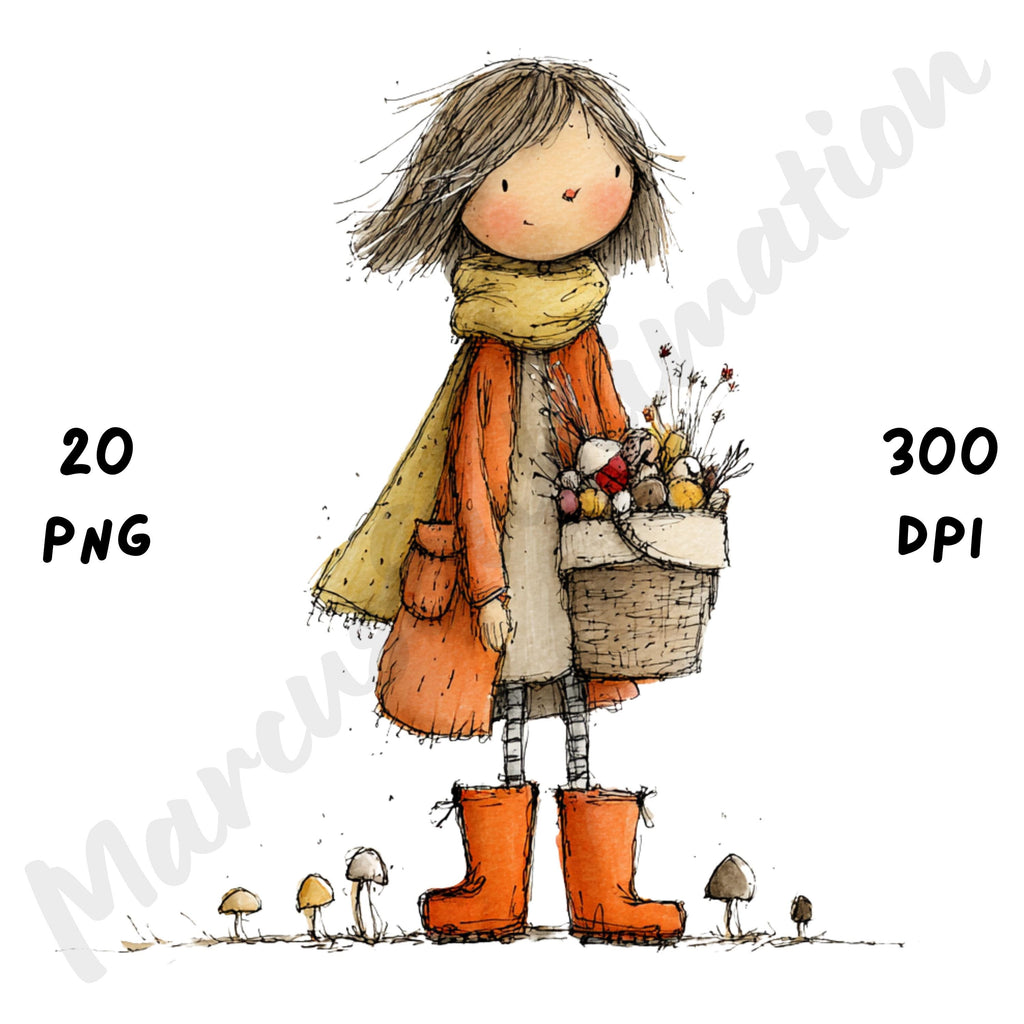 Whimsical Fall Farm Girl Clipart