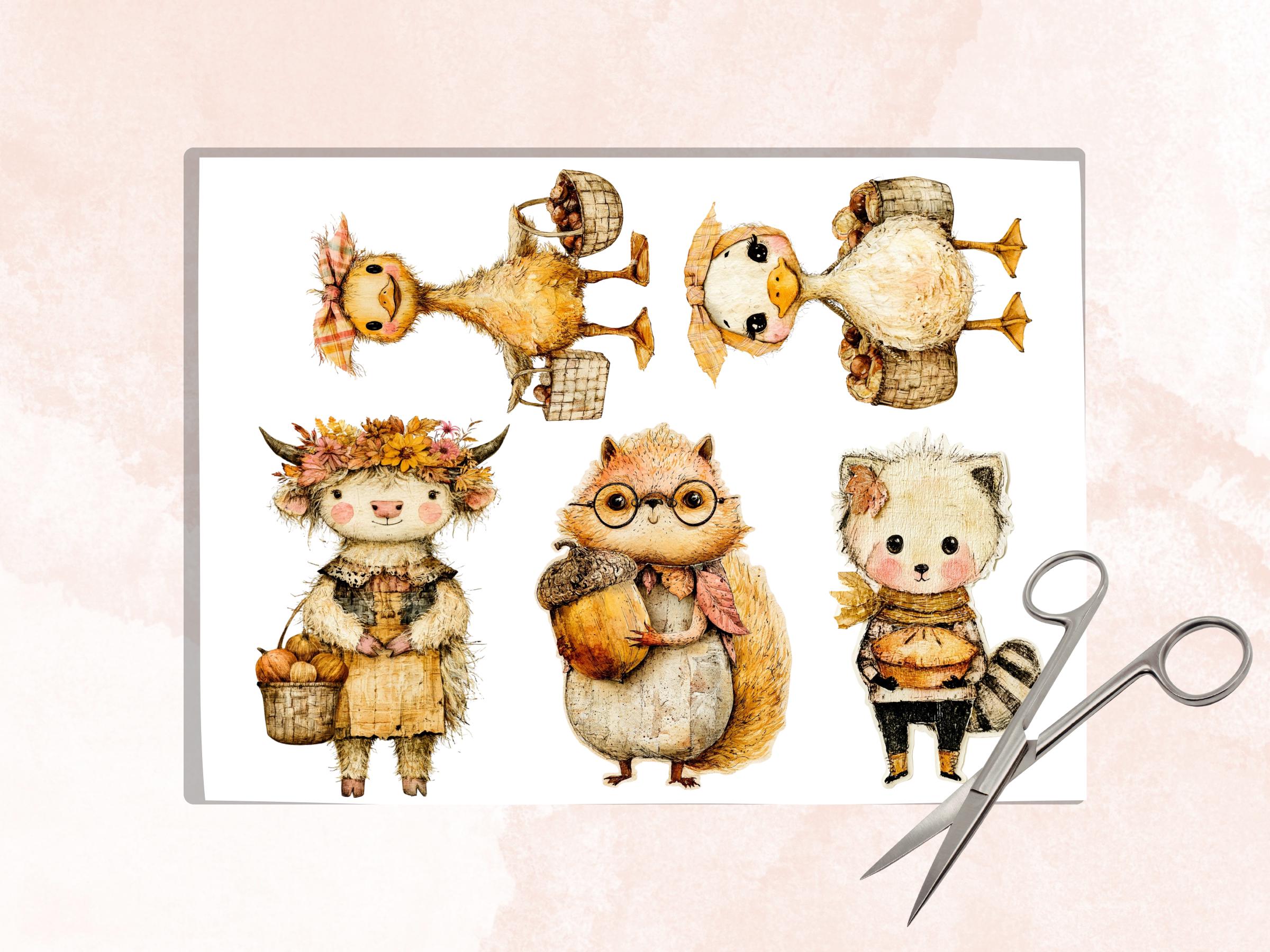 Fall Animals Fussy Cuts & Clipart, Whimsy Autumn Animal Cut Outs, Woodland Ephemera, Junk Journal Scrapbook Kit