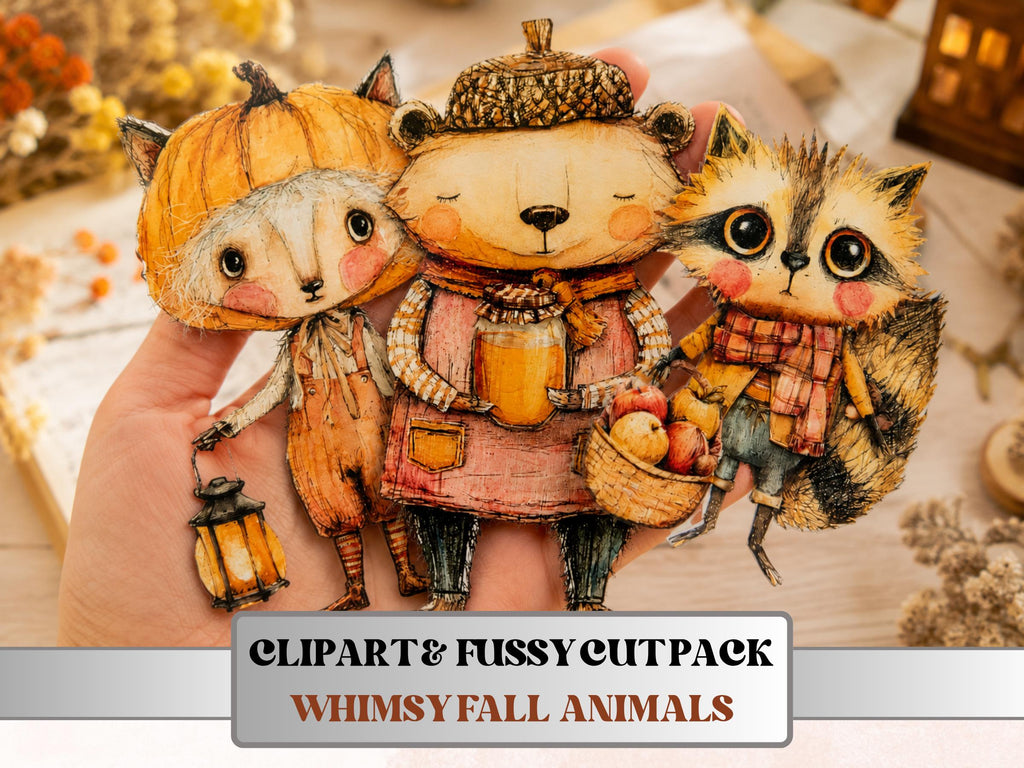 Fall Animals Fussy Cuts & Clipart, Whimsy Autumn Animal Cut Outs, Woodland Ephemera, Junk Journal Scrapbook Kit