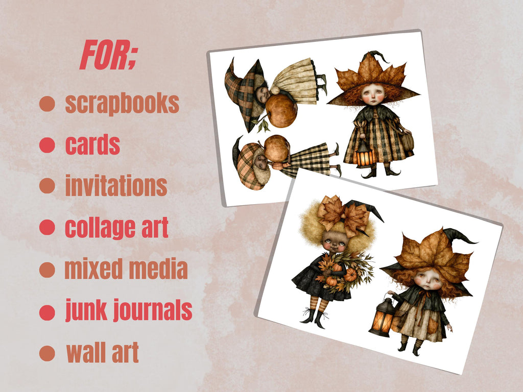 Fall Witch Fussy Cuts & Clipart, Printable Witchcraft Cut Outs, Autumn Halloween Ephemera, Junk Journal Scrapbook Kit
