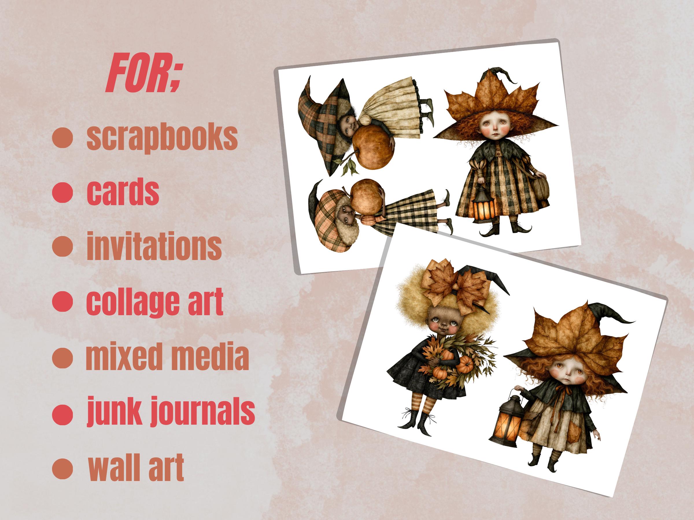 Fall Witch Fussy Cuts & Clipart, Printable Witchcraft Cut Outs, Autumn Halloween Ephemera, Junk Journal Scrapbook Kit