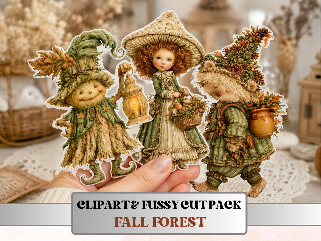 Fall Forest Fussy Cuts & Clipart, Quirky Forest Cut Outs, Autumn Woodland Ephemera, Junk Journal Scrapbook Kit