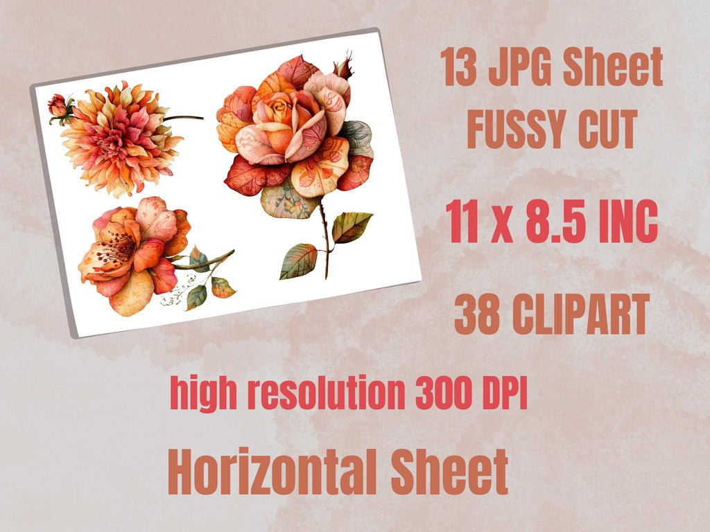 Fall Flowers Fussy Cuts & Clipart, Printable Autumn Floral Cut Outs, Botanical Ephemera, Junk Journal Scrapbook Kit