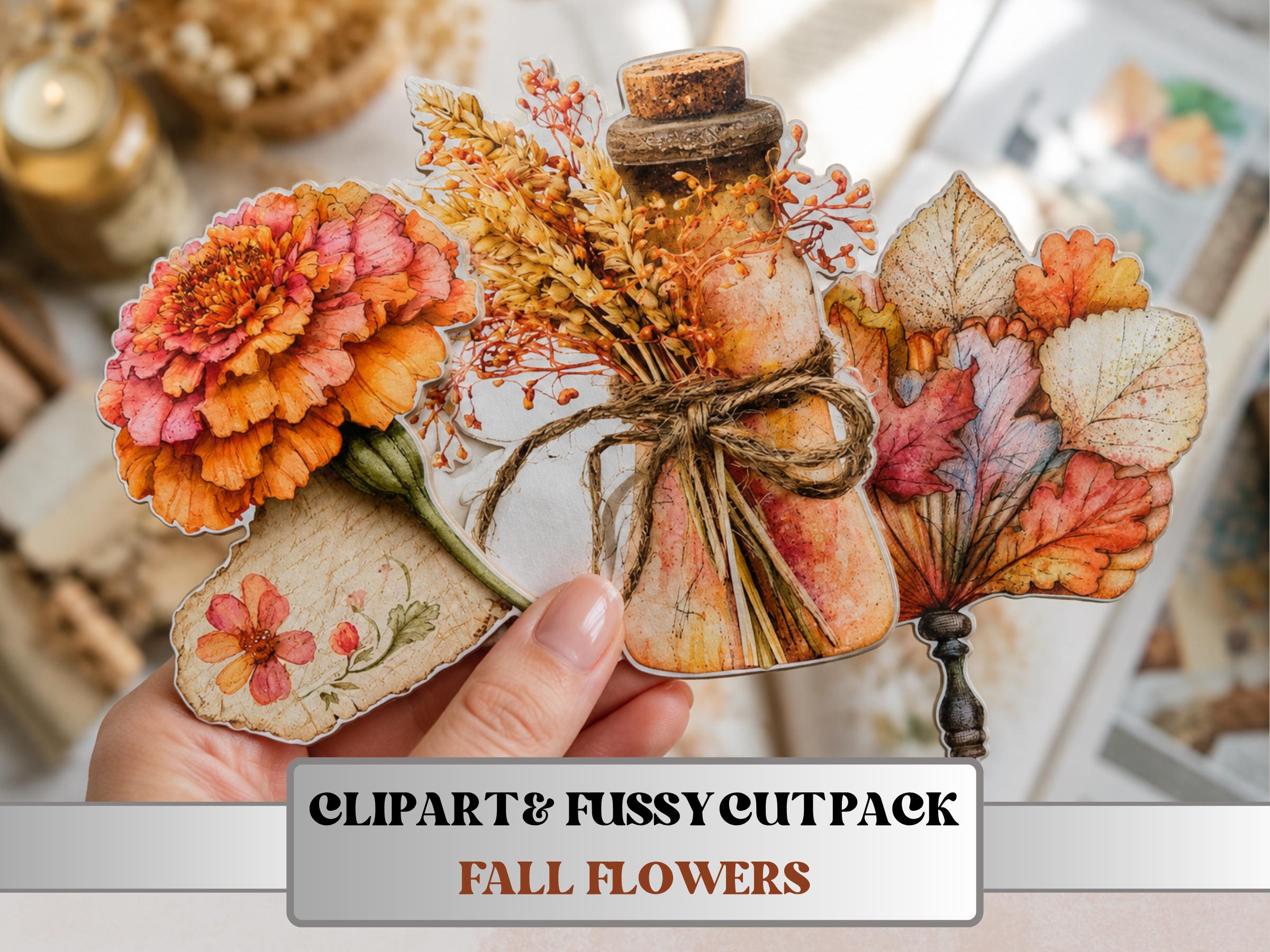 Fall Flowers Fussy Cuts & Clipart, Printable Autumn Floral Cut Outs, Botanical Ephemera, Junk Journal Scrapbook Kit