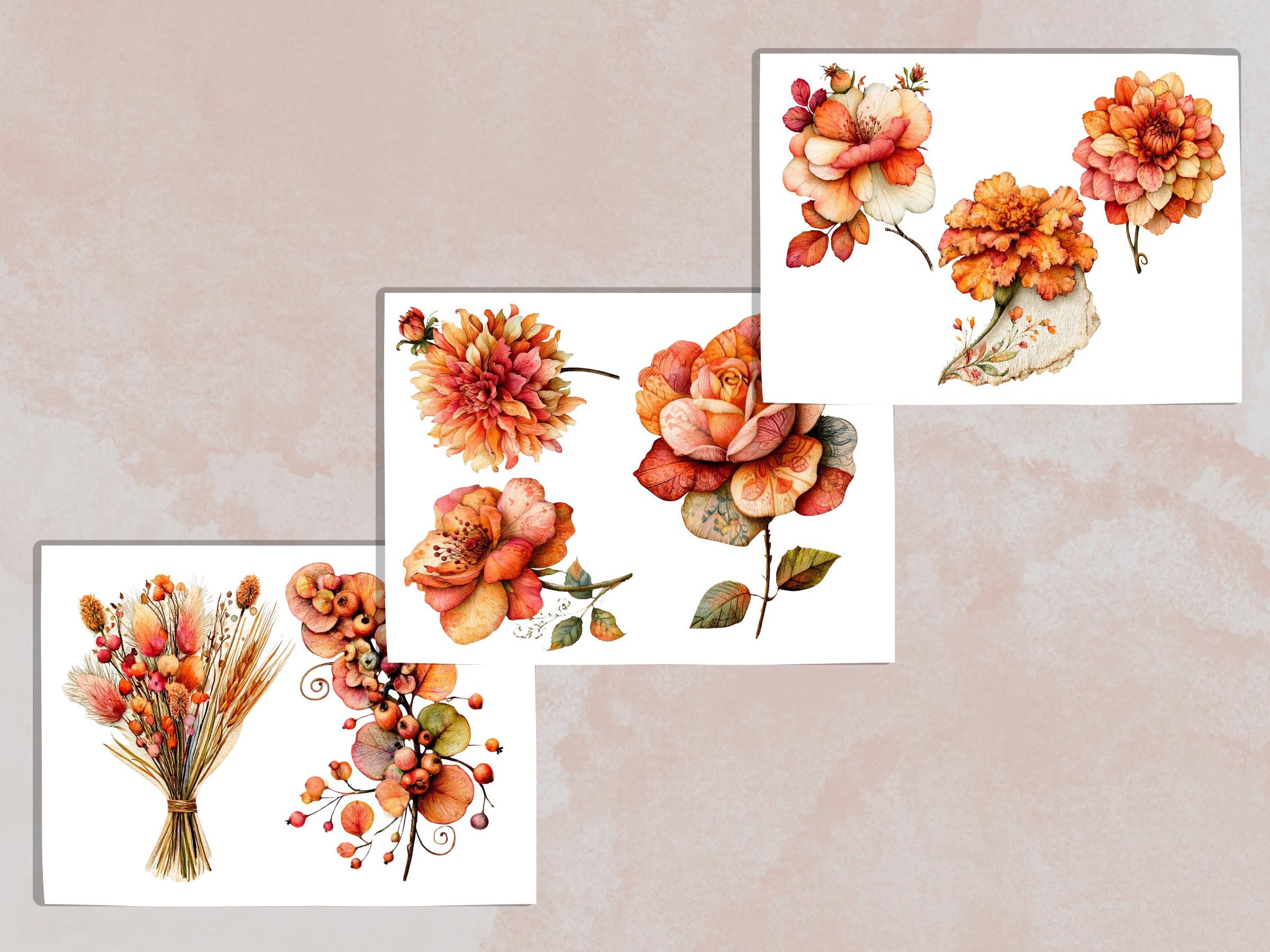 Fall Flowers Fussy Cuts & Clipart, Printable Autumn Floral Cut Outs, Botanical Ephemera, Junk Journal Scrapbook Kit