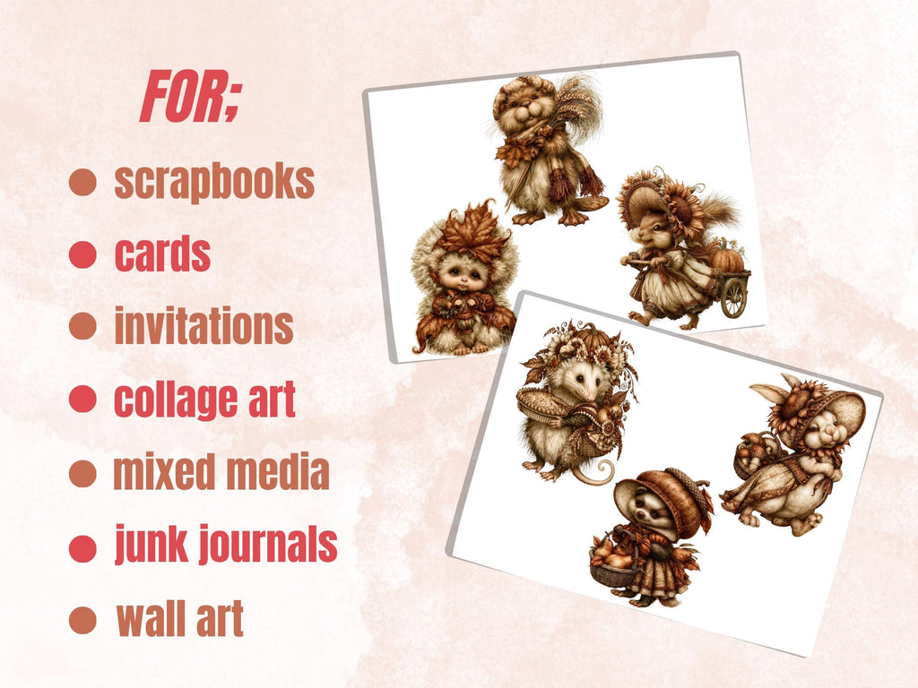 Fall Animals Fussy Cuts & Clipart, Whimsical Autumn Animal Cut Outs, Woodland Ephemera, Junk Journal Scrapbook Kit, Quirky Paper Craft