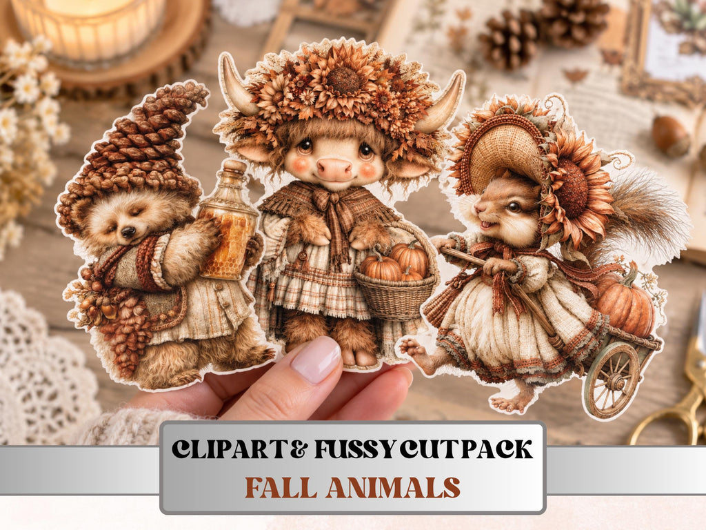 Fall Animals Fussy Cuts & Clipart, Whimsical Autumn Animal Cut Outs, Woodland Ephemera, Junk Journal Scrapbook Kit, Quirky Paper Craft