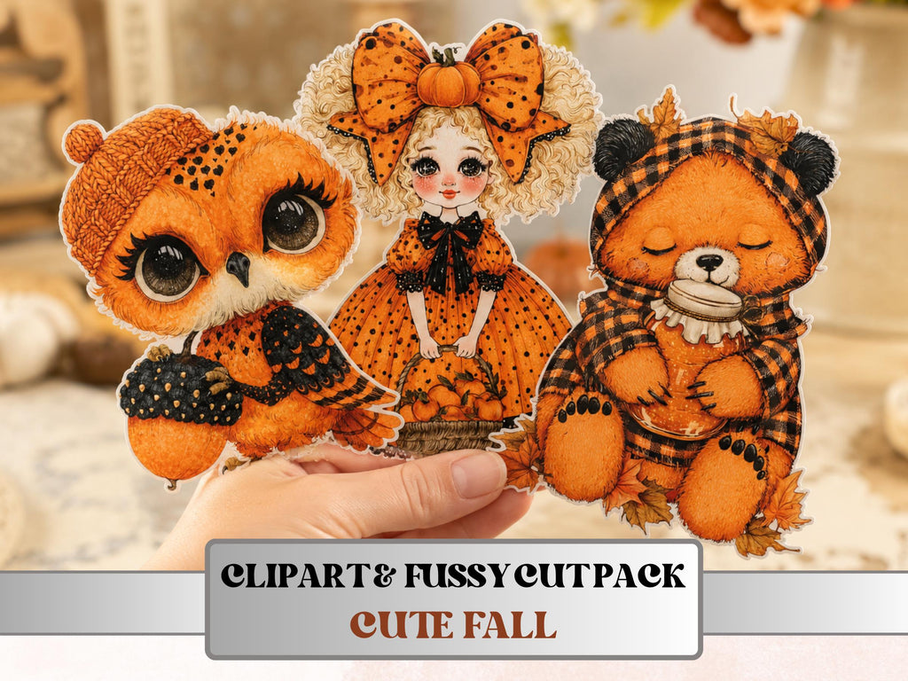 Fall Cuties Fussy Cuts & Clipart, Whimsy Autumn Cut Outs, Quirky Fall Ephemera, Junk Journal Scrapbook Kit, Cozy Paper Craft