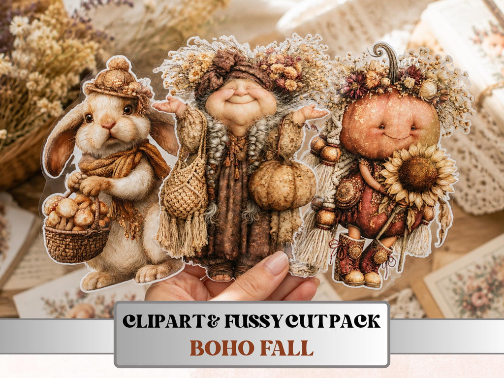 Boho Fall Fussy Cuts & Clipart, Printable Autumn Boho Cut Outs, Bohemian Ephemera, Junk Journal Scrapbook Kit, Whimsical Paper Craft