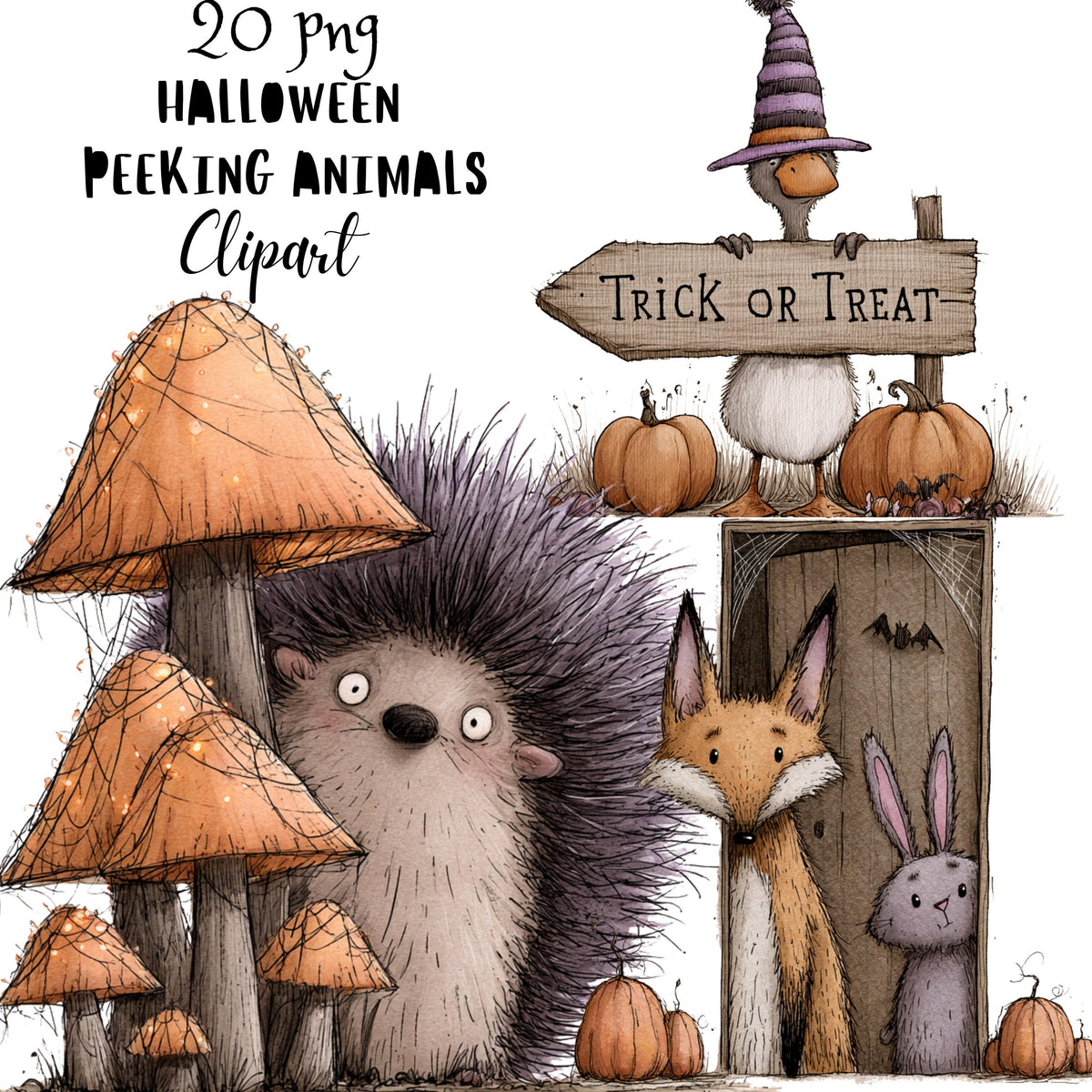 Whimsical Halloween Peeking Animals Clipart