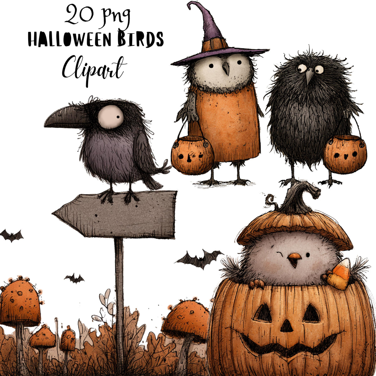 Whimsical Halloween Birds Clipart