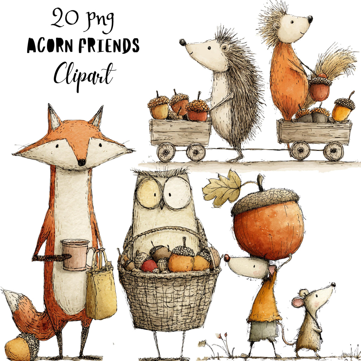 Fall Acorn Friends Whimsical Clipart Bundle
