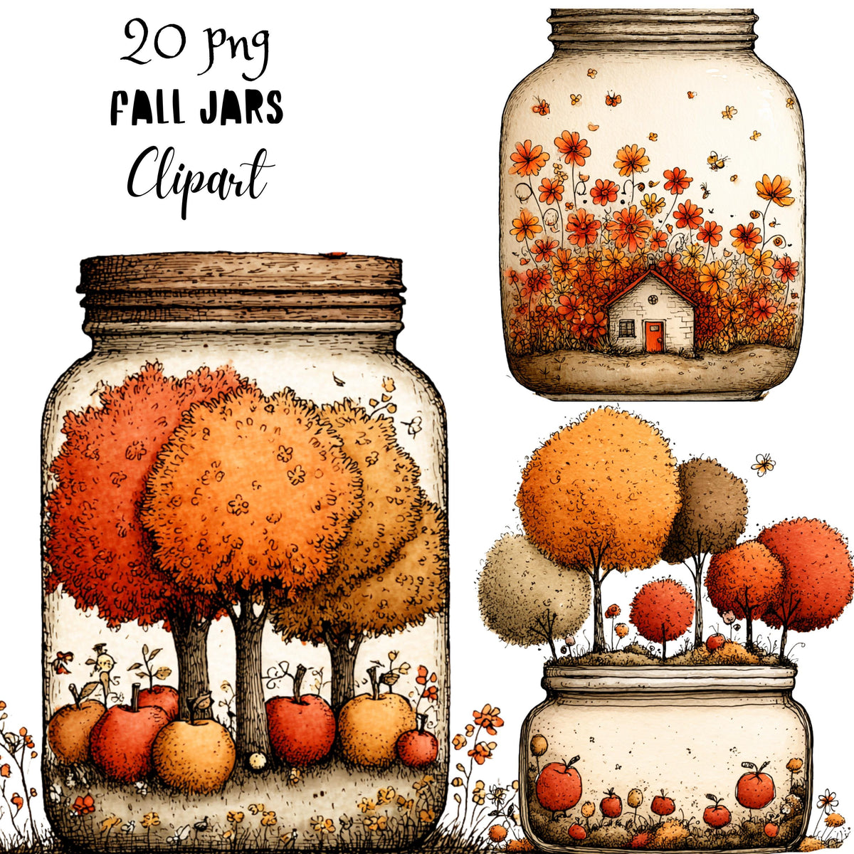 Fall Mason Jars Whimsical Clipart Bundle