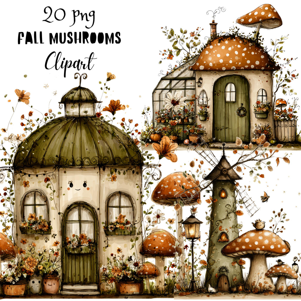 Fall Mushrooms Whimsical Clipart Bundle