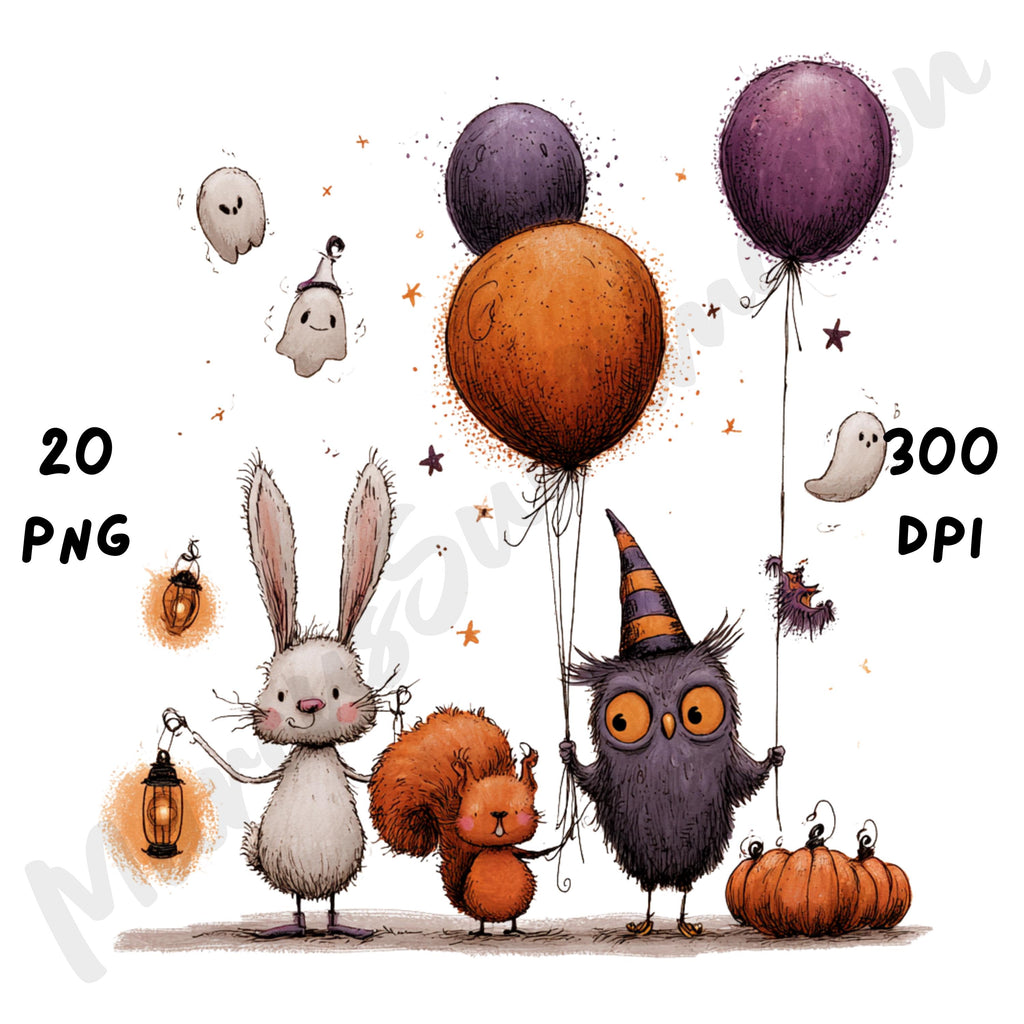 Whimsical Halloween Friends Clipart – Quirky Woodland Animal Watercolor PNG
