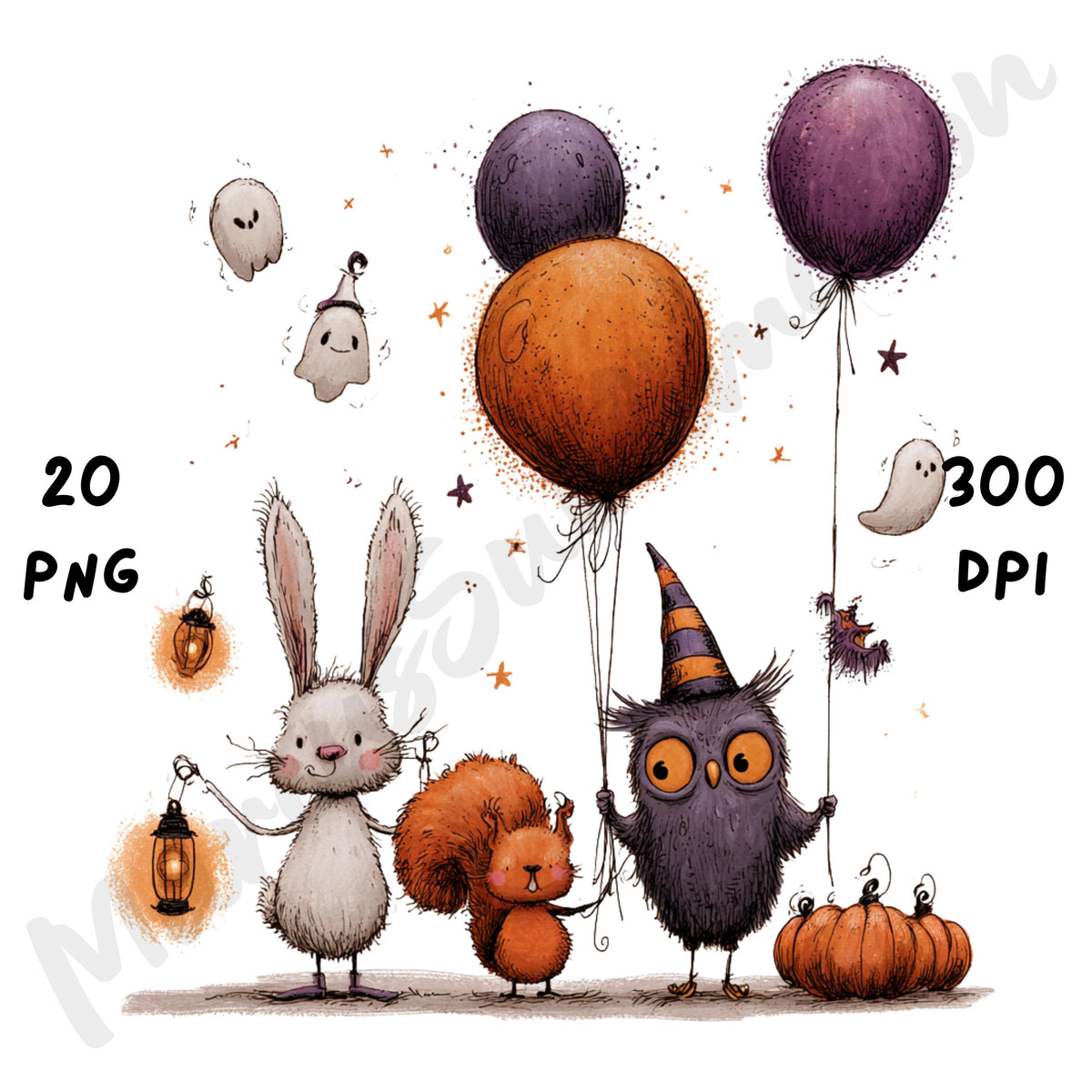 Whimsical Halloween Friends Clipart – Quirky Woodland Animal Watercolor PNG