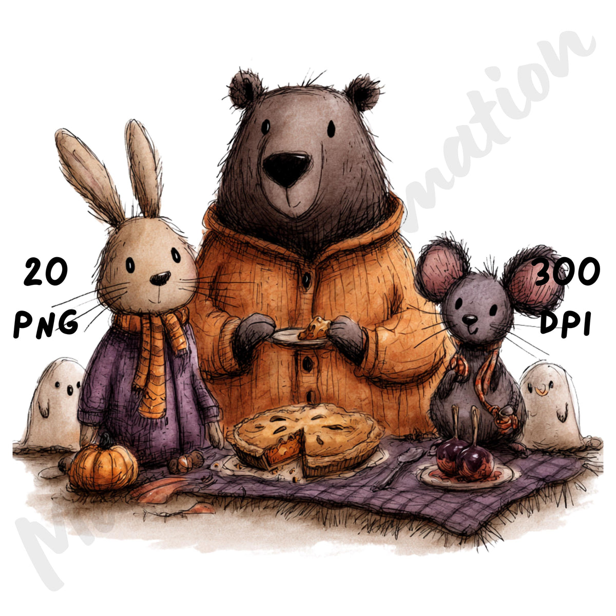 Whimsical Halloween Friends Clipart – Quirky Woodland Animal Watercolor PNG