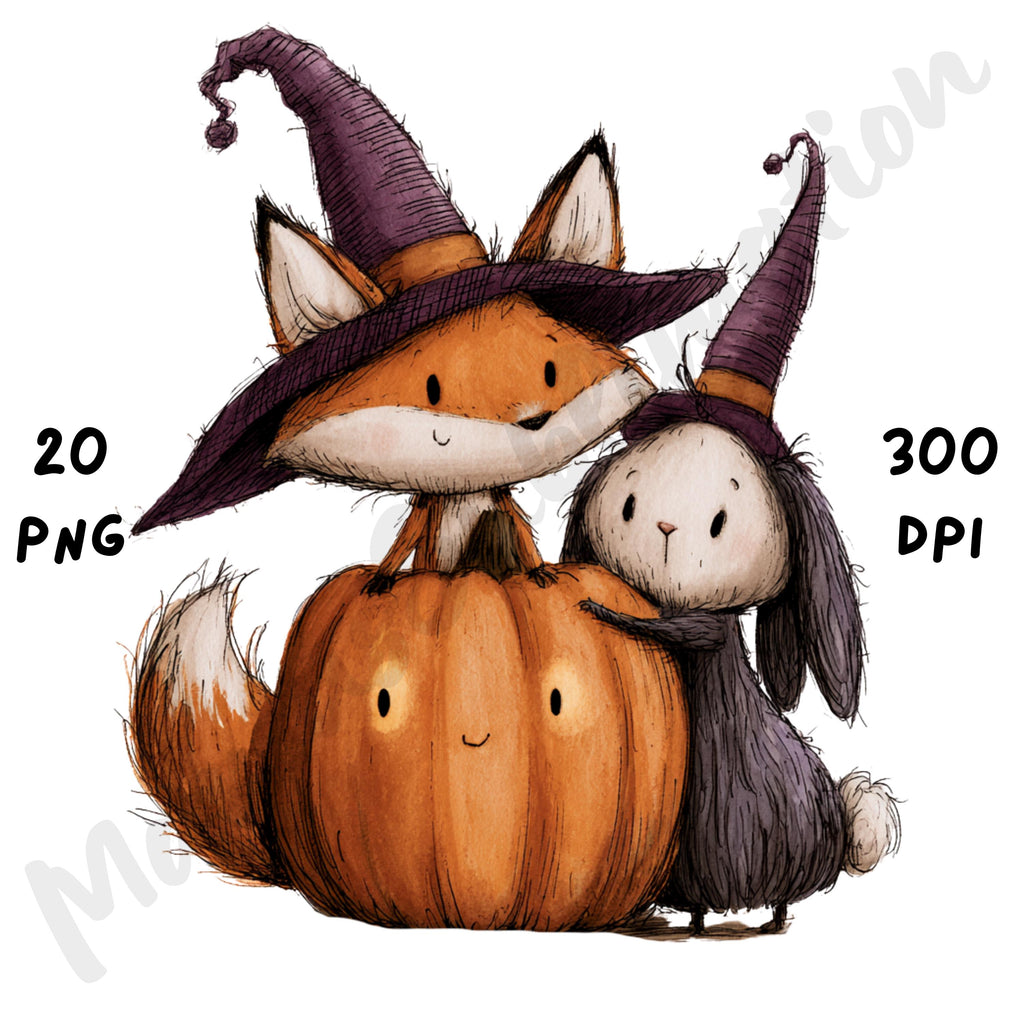 Whimsical Halloween Friends Clipart – Quirky Woodland Animal Watercolor PNG